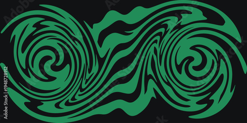 A vibrant green abstract design on a black background with swirling patterns