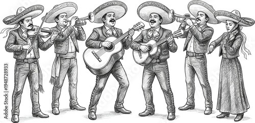 Traditional mariachi band monochrome illustration. Six musicians play guitars, violins, trumpets, performing Mexican folk music, celebrating cultural heritage