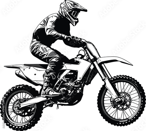 Motocross dirt bike rider mid air jump, black and white sports illustration, dynamic off road action artwork, athlete in protective gear