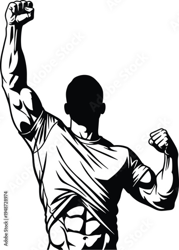 Muscular athlete silhouette flexing arm victory pose, black and white fitness artwork, empowerment strength illustration, dynamic anatomy sports drawing