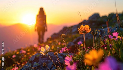 Silhouette of a person on a mountain with wildflowers, sunset