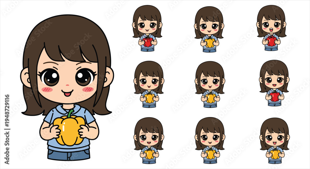 Obraz premium Cute Girl Character Emote Sticker Set, Kawaii Cartoon Girl Emoji Pack, Funny Reaction Icons Vector