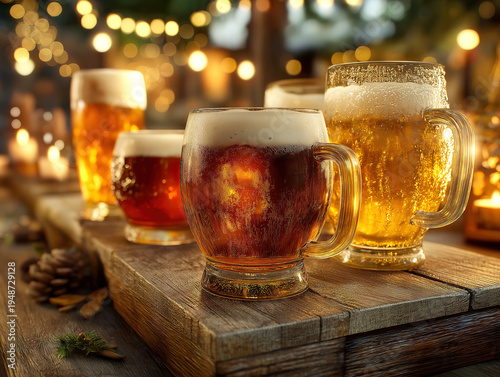 Rustic cheers moment with clinking beer glasses in soft glowing light
