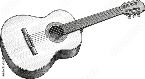 Detailed illustration of a classical acoustic guitar, showcasing its wooden body, strings, and fretboard, perfect for music-related content