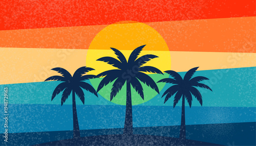 Retro 80s synthwave sunset with palm tree silhouettes and grain texture