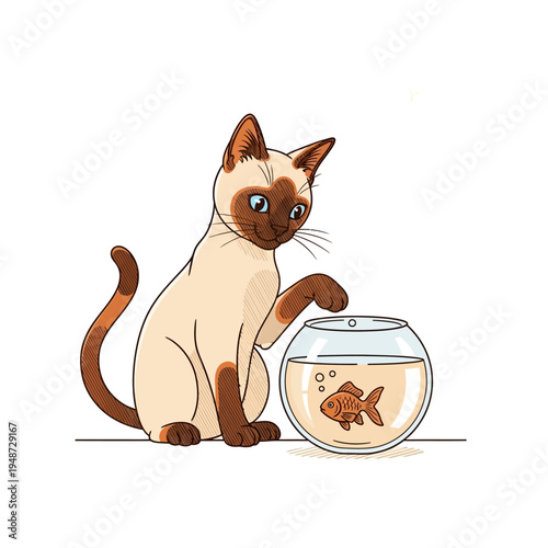 A Siamese cat with brown points and blue eyes playfully reaches into a fishbowl with a goldfish.