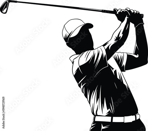 Professional golf player swinging club silhouette, black and white vector illustration, athletic male golfer finishing stroke, sports graphic design element, isolated on white background.