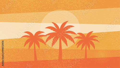 Soft peach retro synthwave sunset with palm tree silhouettes and grainy lofi texture