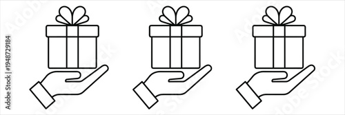 Three hands holding gift boxes with bows on white background line art present