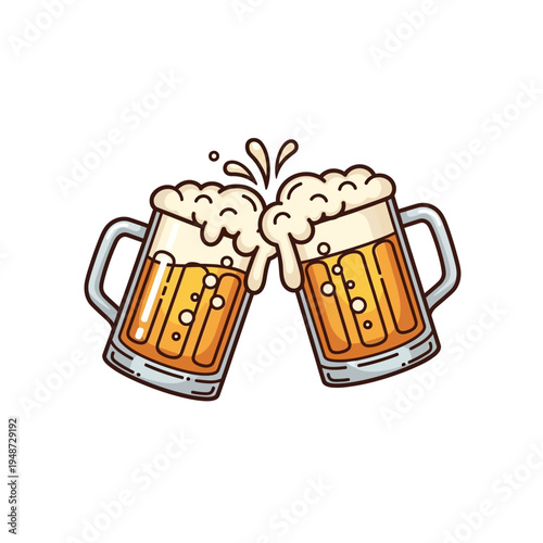 Two frothy mugs of golden beer clinking together in a toast, with splashes of foam.