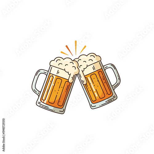 Two cartoon beer mugs clinking together, full of frothy golden beer, celebrating a toast.