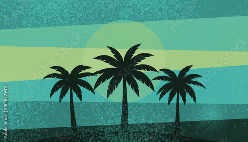 Retro teal synthwave sunset with palm tree silhouettes and grainy lofi texture