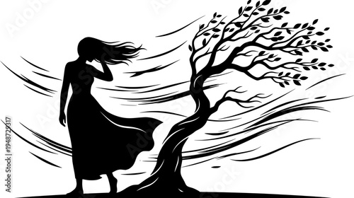 Silhouette of a woman bracing against windstorm at a tree in mon
