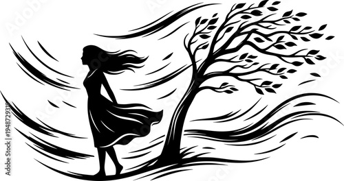 Silhouette of a woman bracing against windstorm at a tree in mon

