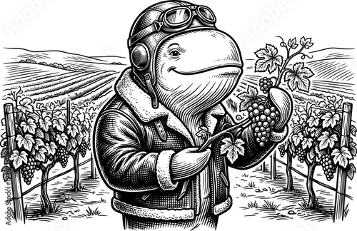 Aviator whale harvesting grapes at a vineyard in black and white
