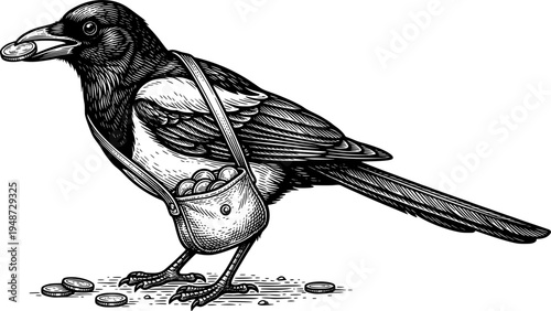 Magpie bandit illustration in vintage engraving style with a sac
