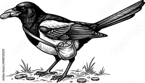 Magpie bandit illustration in vintage engraving style with a sac
