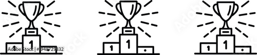 Three Trophy and Podium Icons with Rays of Light Line Art winner champion