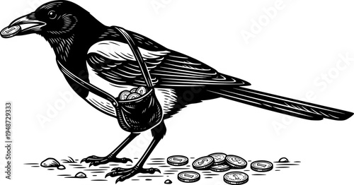 Magpie bandit illustration in vintage engraving style with a sac
