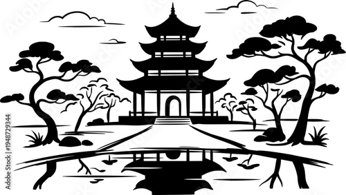 Minimalist Sumi-e Illustration: Heritage Monument with Serene La
