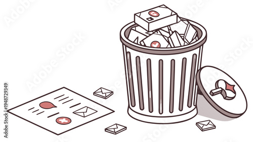 Isometric Trash Can for Spam Email and Junk Mail,  Vector illustration of a trash can overflowing with envelopes, some marked with 'spam' labels. Discarded mail is scattered around its base