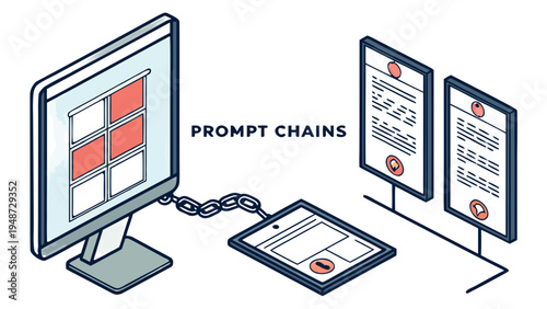 Isometric Prompt Chains for Large Language Model and AI Workflow,  Vector illustration conceptualizing the idea of 'Prompt Chains' within an AI or large language model (LLM) system. A desktop monitor 