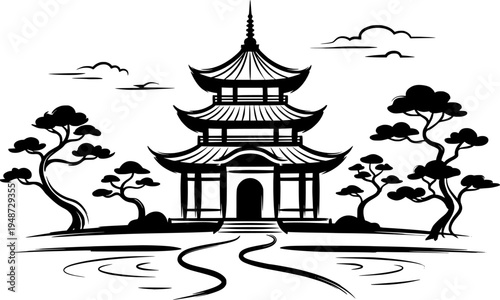 Minimalist Sumi-e Illustration: Heritage Monument with Serene La
