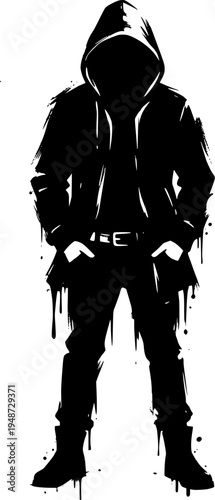 Monochrome illustration of a mysterious hooded figure in an urba
