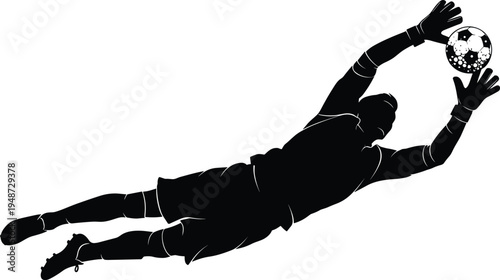 Soccer goalkeeper diving silhouette, black and white sports illustration, athlete blocking ball artwork, dynamic motion action, competitive game defense drawing
