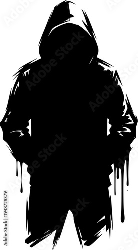 Monochrome illustration of a mysterious hooded figure in an urba
