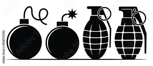 A Row of Black Silhouettes of Bombs and Grenades