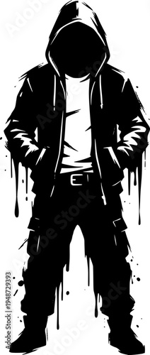 Monochrome illustration of a mysterious hooded figure in an urba
