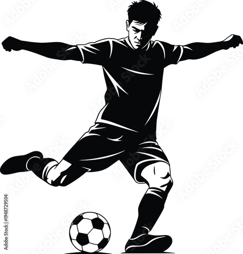Soccer player illustration, kicking ball, dynamic action, sports gear, athletic movement, competition, football game, teamwork, energy, strength, focus