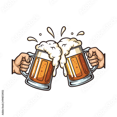 Two hands clinking frothy beer mugs together in a celebratory toast.