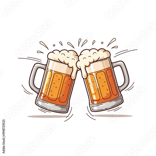 Two frothy mugs of golden beer clinking together in a celebratory toast.