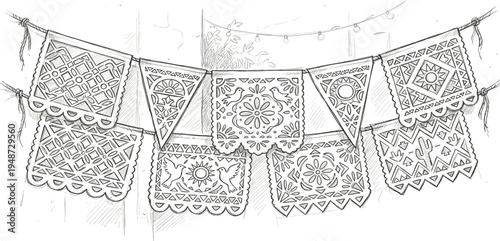 Decorative Bunting with Intricate Patterns, A Festive String of Pennants with Traditional Designs for Celebrations and Decorations