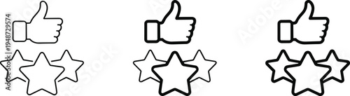 Three Thumbs Up Icons and Three Star Rating Icons Line Art like approval
