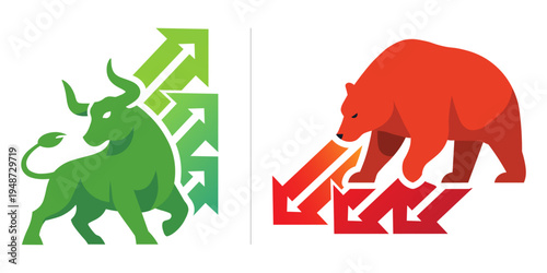 Bull and Bear Run Market Trend Concept Vector Illustration – Bullish Growth and Bearish Stock Market Decline with Up and Down Arrow Financial Chart - Global Economy Crash or Boom