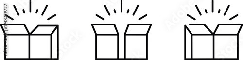 Three icons of an open box with radiating lines indicating a surprise Keywords: icon, open box, gift, present, surprise, reveal