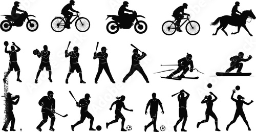 Sports silhouettes collection dynamic action illustration, athletes in motion artwork, diverse physical activities design, competitive recreation black white drawing