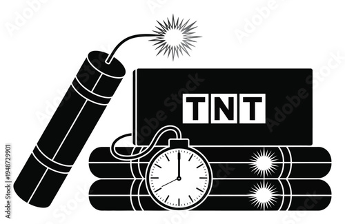 Black and white of TNT explosives with a ticking timer and fuse