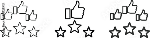 Three sets of thumbs up icons and stars representing rating and approval like