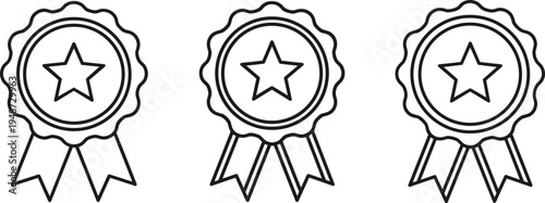 Three award rosette icons with stars and ribbons in outline style medal