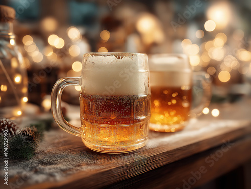 Wooden bar top with cold beer mugs and cozy glowing festive atmosphere