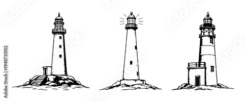 Lighthouse safety set with detailed woodcut style illustration featuring nautical theme, light beams, black ink with white background and maritime security