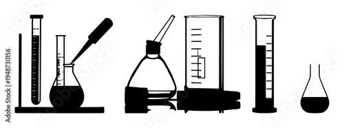 Laboratory equipment set with solid black silhouette of graduated cylinder and pipette on white background f in