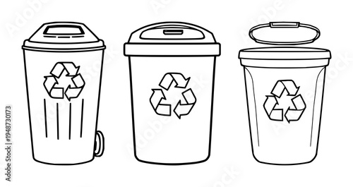 Smart waste bin set with bold lines on a white background featuring smart waste bin, recycling symbol, urban sustainability with bold lines and white background