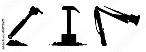 Sledgehammer set with solid black silhouette and clean sharp edges featuring heavy, demolition, construction with silhouette and black