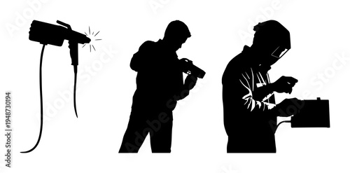 Solid black silhouette set with a person using a handheld laser welder on white background featuring industrial trade, precision craft, laser welding with safety gear and technical illustration