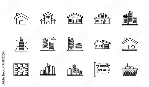 Modern thin line urban and real estate icon set with home mansion cottage skyscrapers bungalow isolated on white background